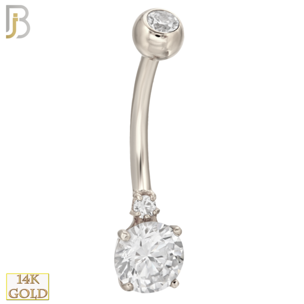 14-NB02 – 14k Solid Gold Banana Belly Ring Double Round Prong Setting Zircon
