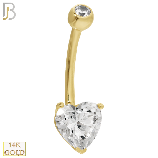 14-NB03 – 14k Solid Gold Banana Belly Ring Heart Prong Setting Zircon