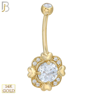 14-NB04YC 14-NB04 – 14k Solid Gold Banana Belly Ring with 4 Heart Square