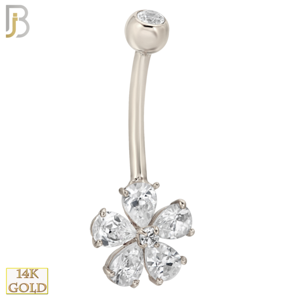 14-NB06WC 14-NB06 – 14k Solid Gold Banana Belly Ring with 10mm Flower Design