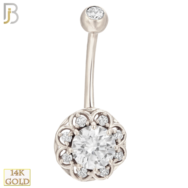 14-NB08WC 14-NB08 – 14k Solid Gold Banana Belly Ring with 10mm Flower Design