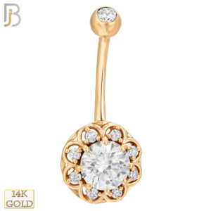 14-NB08YC 14-NB08 – 14k Solid Gold Banana Belly Ring with 10mm Flower Design