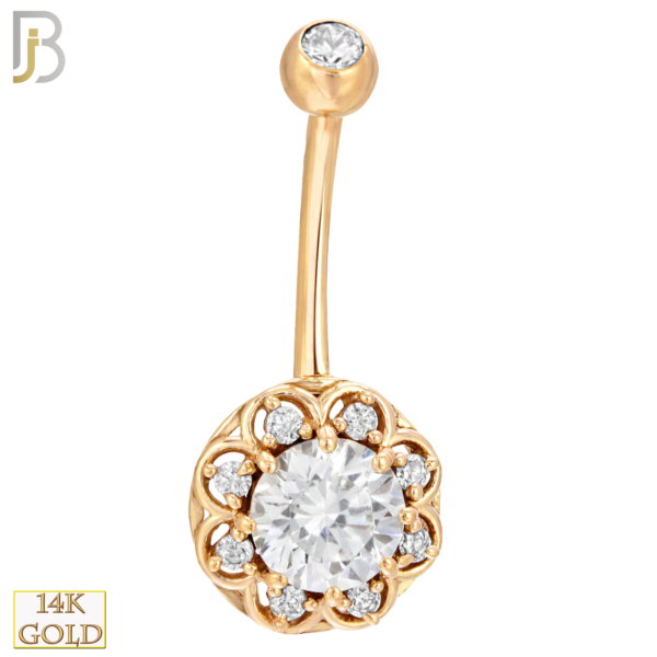 14-NB08YC 14-NB08 – 14k Solid Gold Banana Belly Ring with 10mm Flower Design