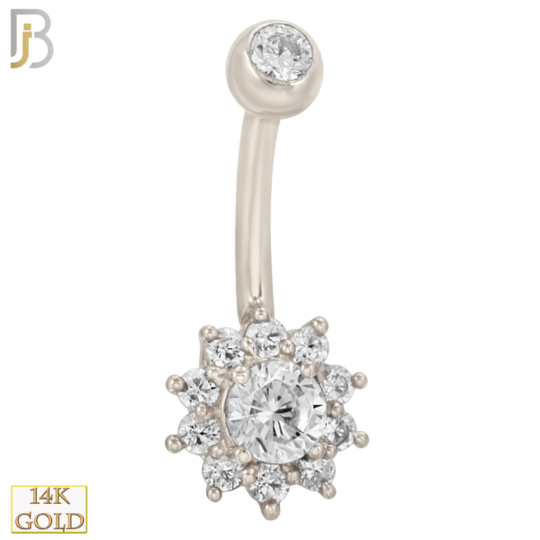 14-NB09WC 14-NB09 – 14k Solid Gold Banana Belly Ring with 8mm Flower Design