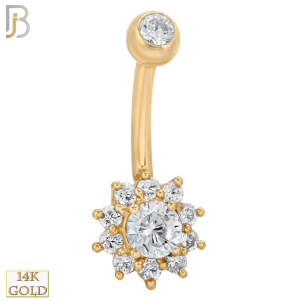 14-NB09YC 14-NB09 – 14k Solid Gold Banana Belly Ring with 8mm Flower Design