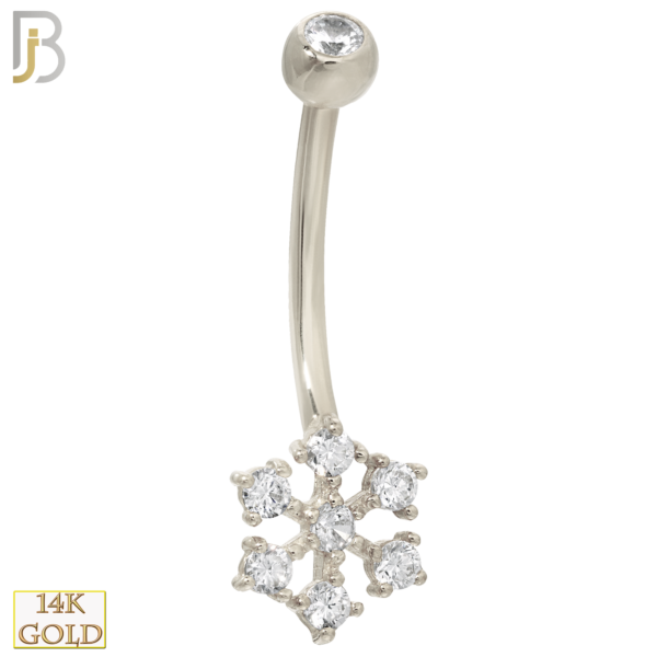 14-NB21WC 14-NB21 – 14k Solid Gold Banana Belly Ring with 9mm Snow Design
