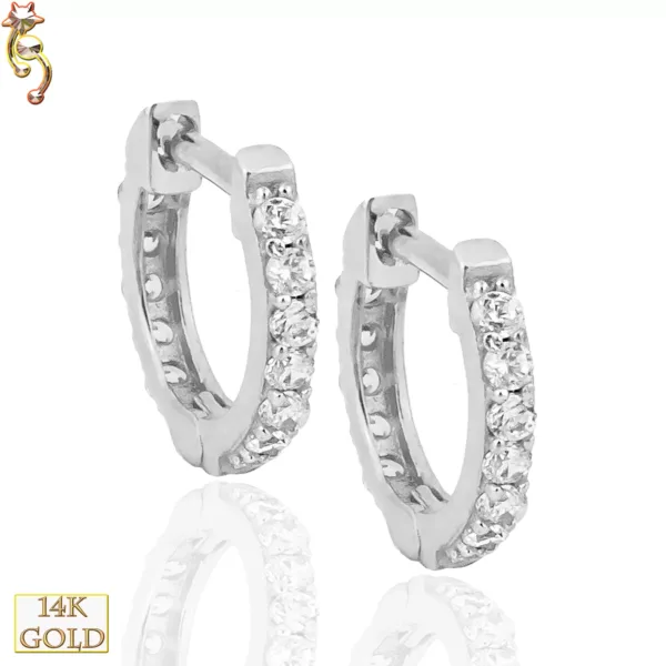 14-ES28 - 14K Gold Huggies Earrings 1.2mm Thick Front View w/ 12 CZ Pair