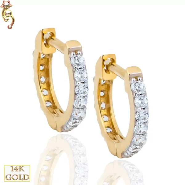 14-ES28 - 14K Gold Huggies Earrings 1.2mm Thick Front View w/ 12 CZ Pair