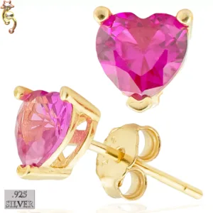 ES18-GF - 925 Earrings Gold Plated Casting Heart Prong Set Fuchsia
