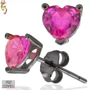 ES18-KF - 925  Earring Black  Plated Casting Heart Prong  Fuchsia