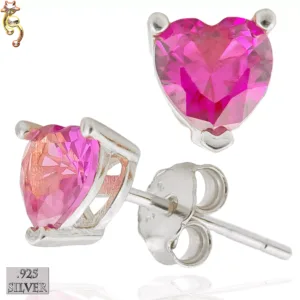 ES18-SF - 925 Silver Earrings Casting Heart Prong Setting Fuchsia CZ