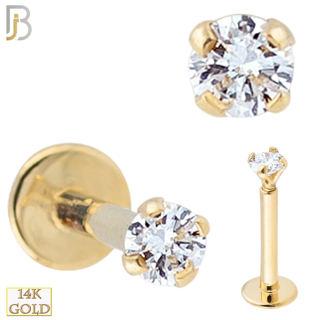 14k Solid Gold Round Prong Set CZ Internally Threaded Labret Body Jewelz