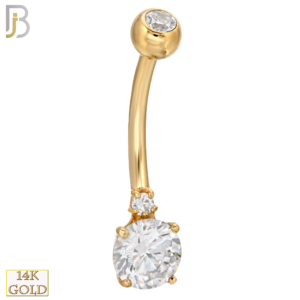 14-NB02 – 14k Solid Gold Banana Belly Ring Double Round Prong Setting Zircon