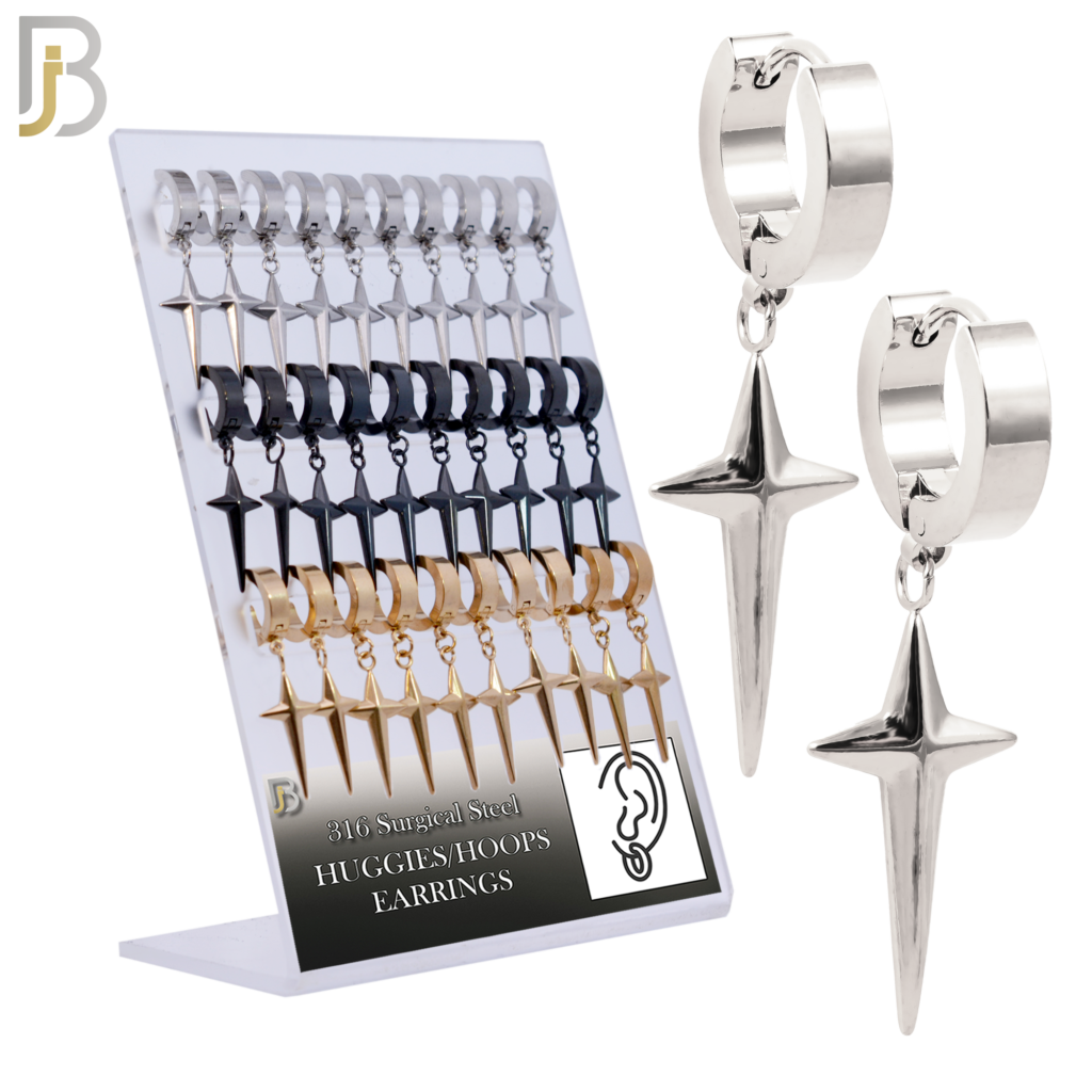 316L Stainless Steel Dangling Spike Cross Design Huggies Clip On Pack