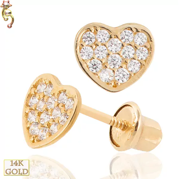 14-ES16 - 14k  Gold Screw Back Earrings 5x6mm Heart  CZ Design  Pair