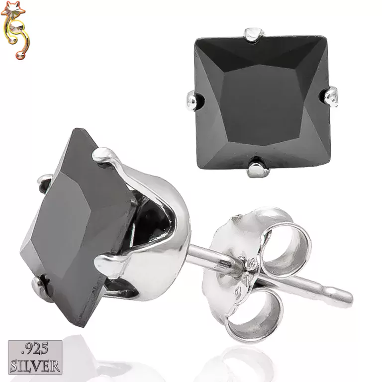 ES16-SK - 925 Sterling Silver Earrings Stamping Square Black  CZ Pair