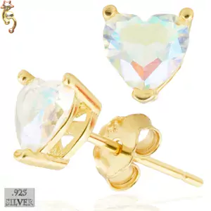 ES18-GA - 925 Earrings Gold Plated Casting Heart Prong Set AB CZ
