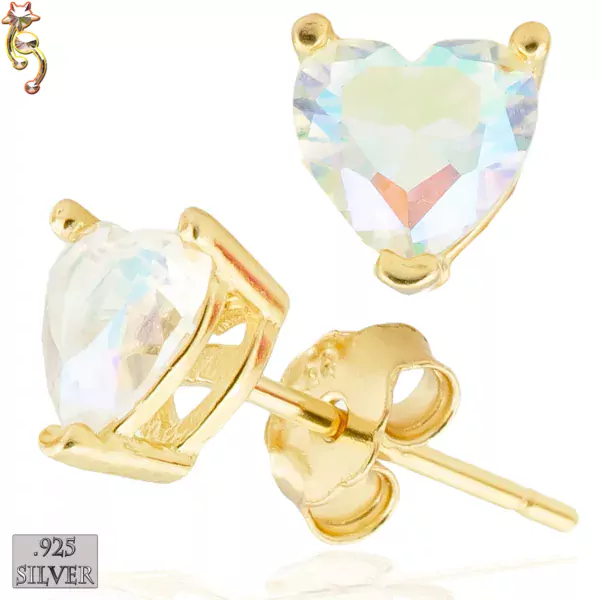 ES18-GA - 925 Earrings Gold Plated Casting Heart Prong Set AB CZ