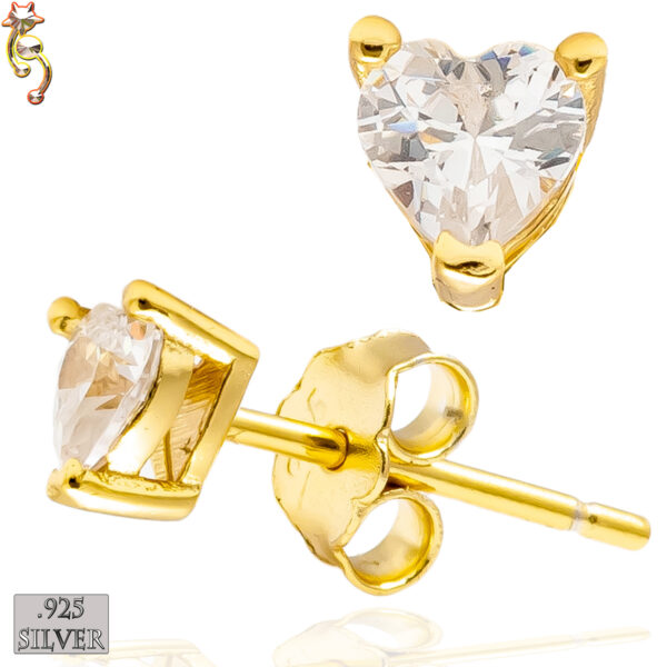 ES18-GC - 925 Earrings Gold Plated Casting Heart Prong Set Clear CZ