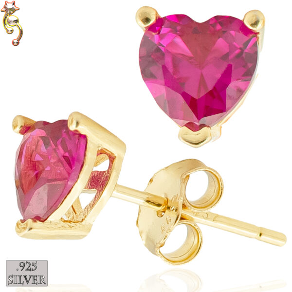 ES18-GDR - 925 Earrings Gold Plated Casting Heart Prong Dark Ruby