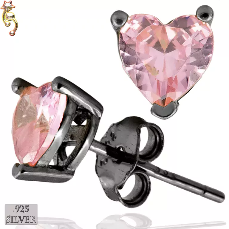 ES18-KLP - 925  Earrings Black  Plated Casting Heart Prong  Light Pink