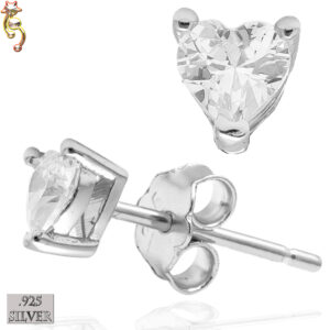 ES18-SC - 925 Silver Earrings Casting Heart Prong Setting Clear CZ