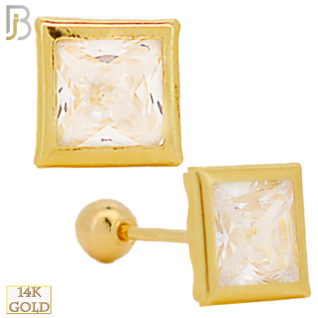 14k Yellow Gold Screw Back Square Shape Design Zircon in Bezel Setting