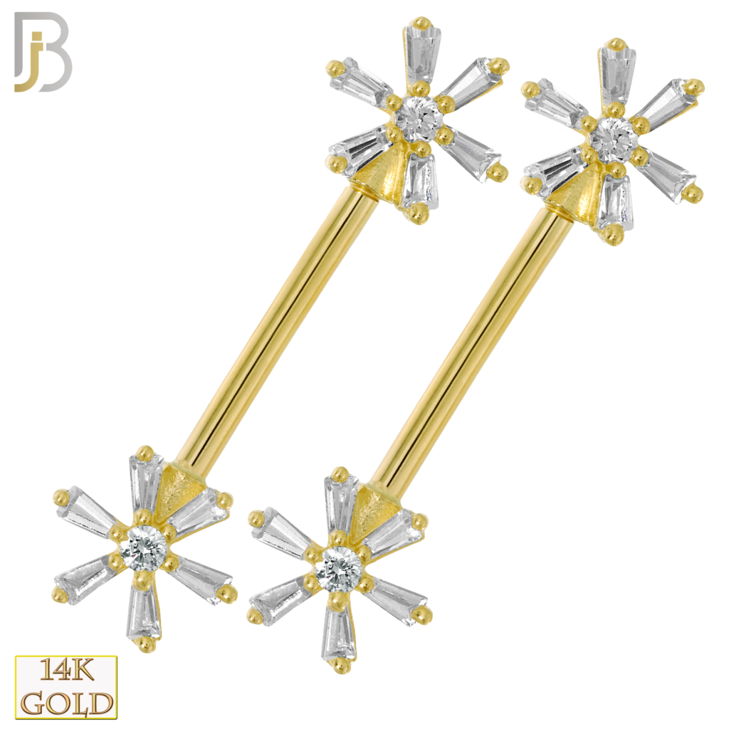 14K Solid Gold Flower Design with Zircon Externally Threaded Nipple