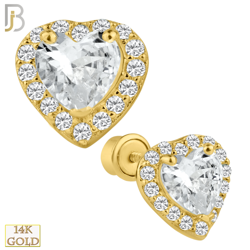 14k Solid Gold Heart Shaped Center CZ Stud Earring Body Jewelz