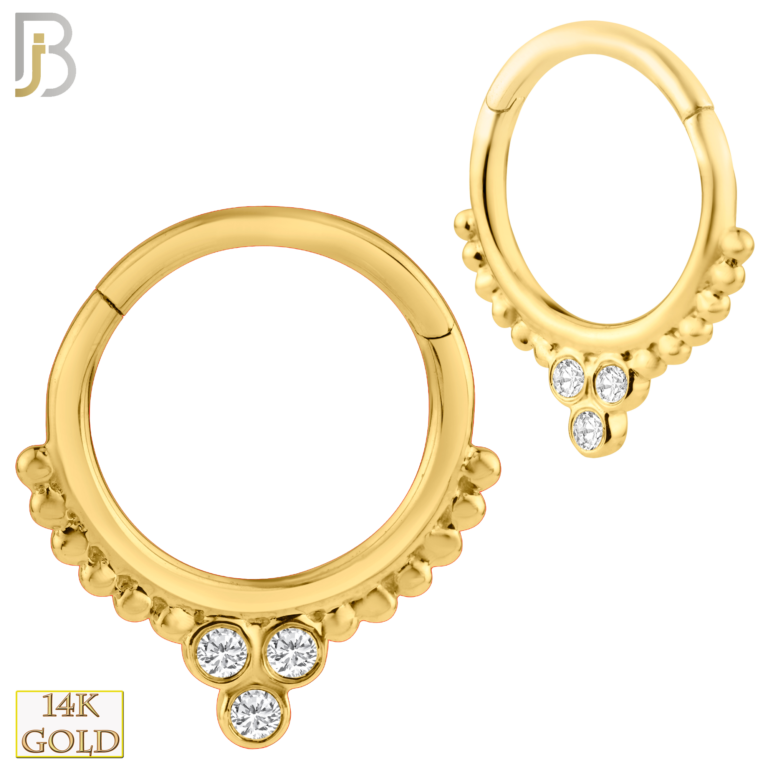 14K Solid Gold Hinged Hoops with Beaded Design