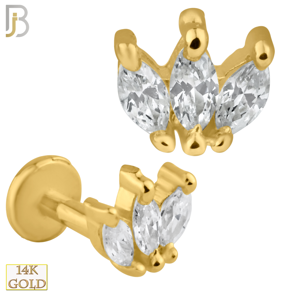 14k Solid Gold Three Marquise Zircon Cluster Internally Threaded Labret