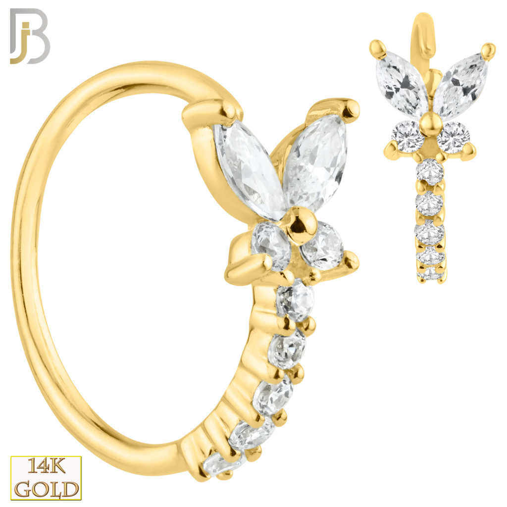 14K Solid Gold Butterfly Design with line of Multi Zircon Nose Hoops