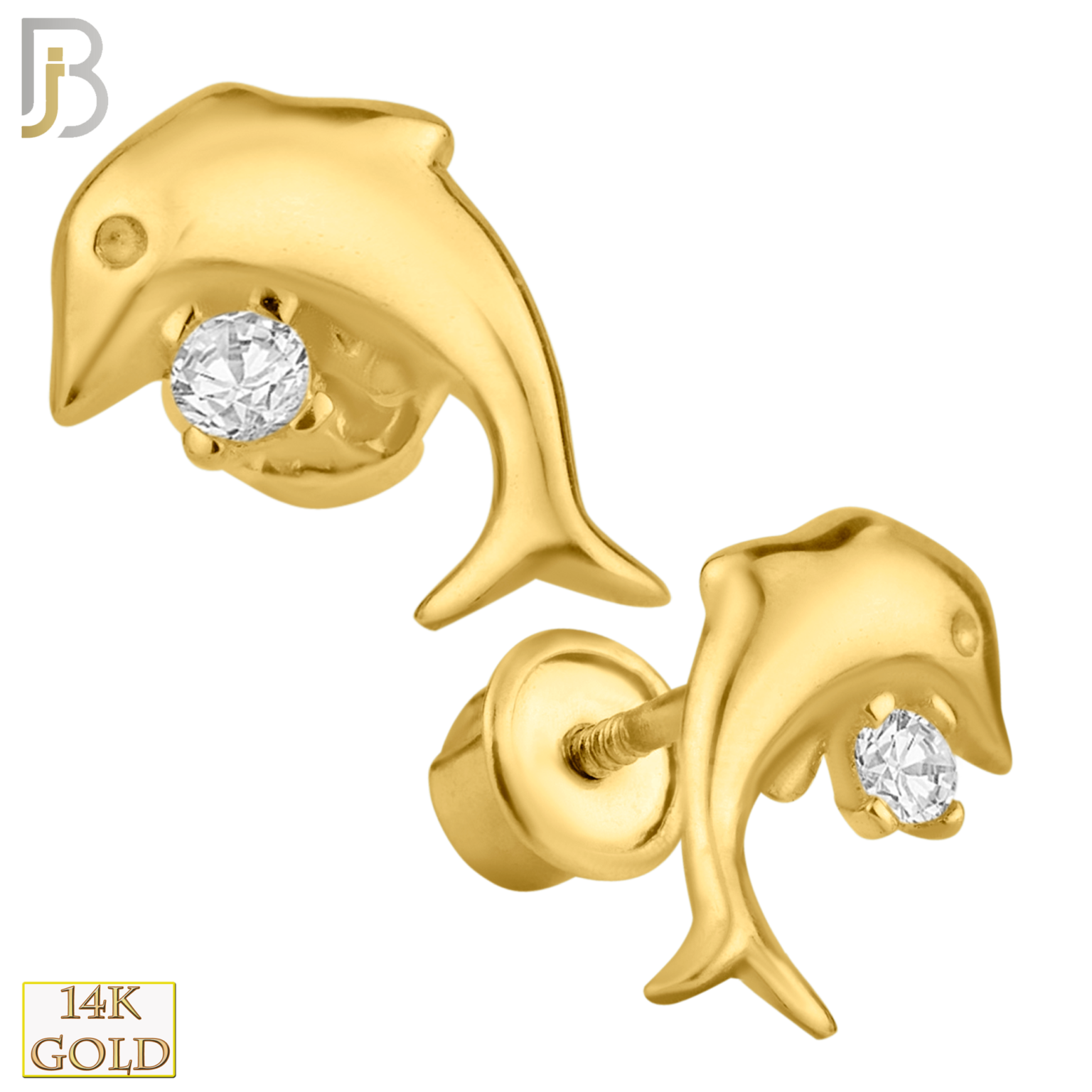 14k Solid Gold Dolphin with Single CZ Stone Stud Earrings Body Jewelz