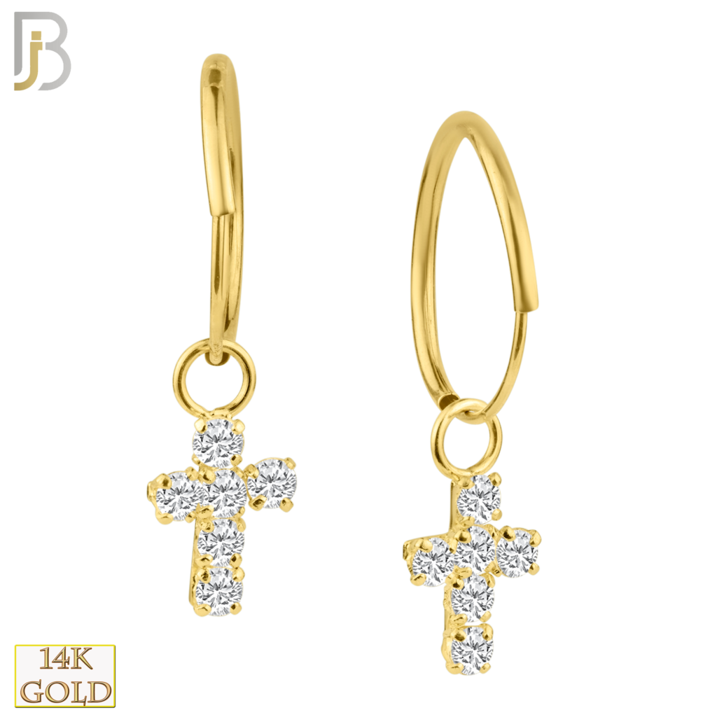 14k Solid Gold Dangling Cross with CZ Stones Hoop Earrings Body Jewelz