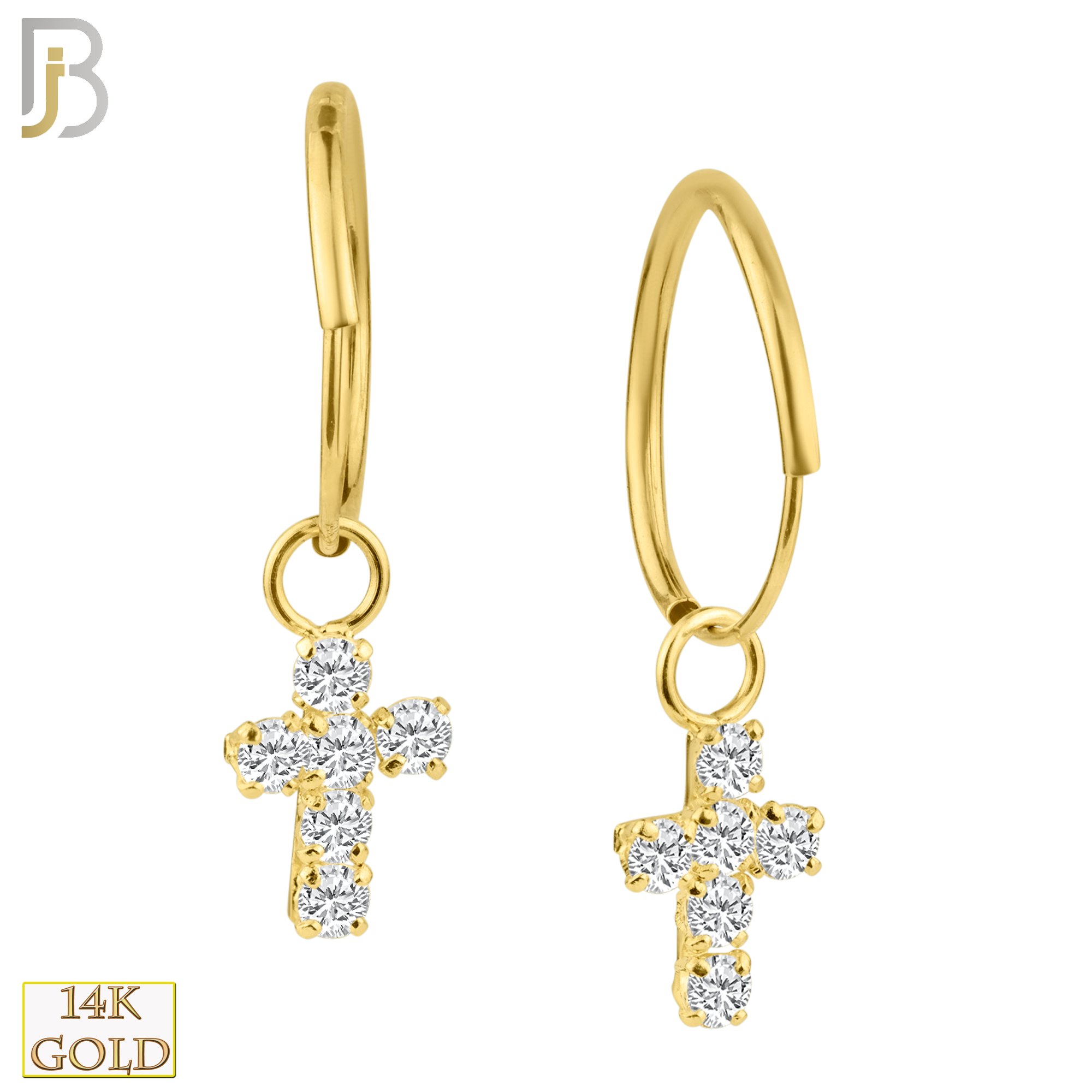 14k Solid Gold Dangling Cross with CZ Stones Hoop Earrings | Body Jewelz