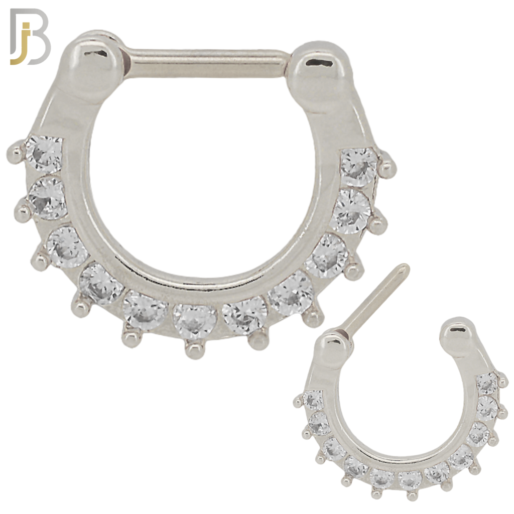 316 Stainless Steel Septum Clicker with CZ Gems Nose Rings Body Jewelz
