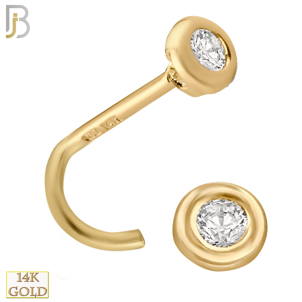 14k Yellow Gold Screw Nose Ring with Round Cubic Zirconia in Bezel