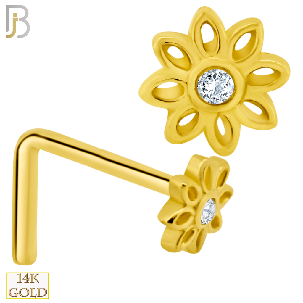 14k Solid Gold LShape Flower Design Clear Zircon Body Jewelz