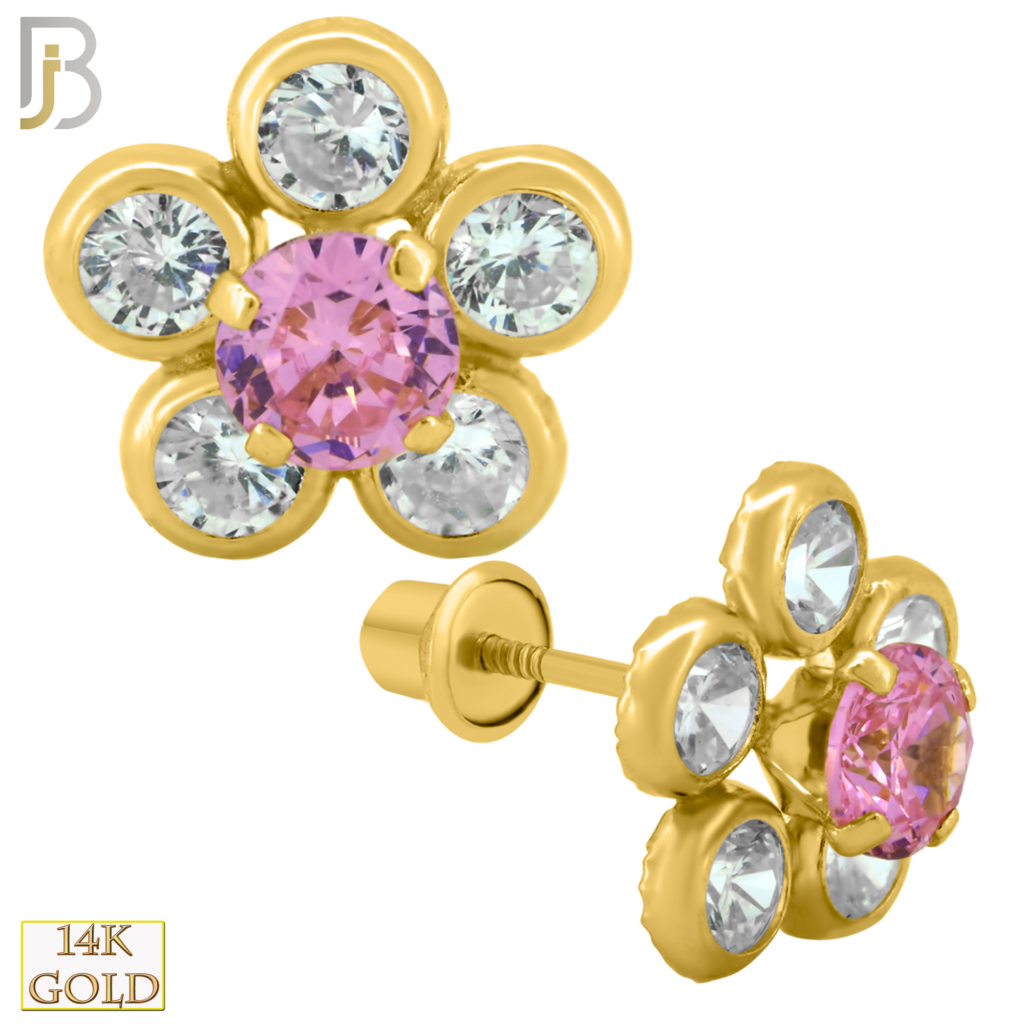 14k Solid Gold Flower Earring Stud with Clear & Pink Zircon