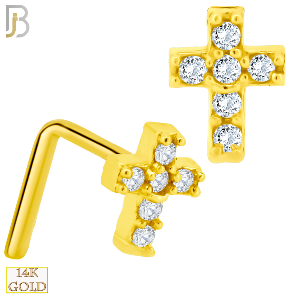 14k Solid Gold Cross LShaped with Multi Zircon Nose Ring