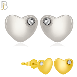 ES211 - Screw Ball Back - .925 Sterling Silver Plain Heart Shaped Earring Stud with Single Clear