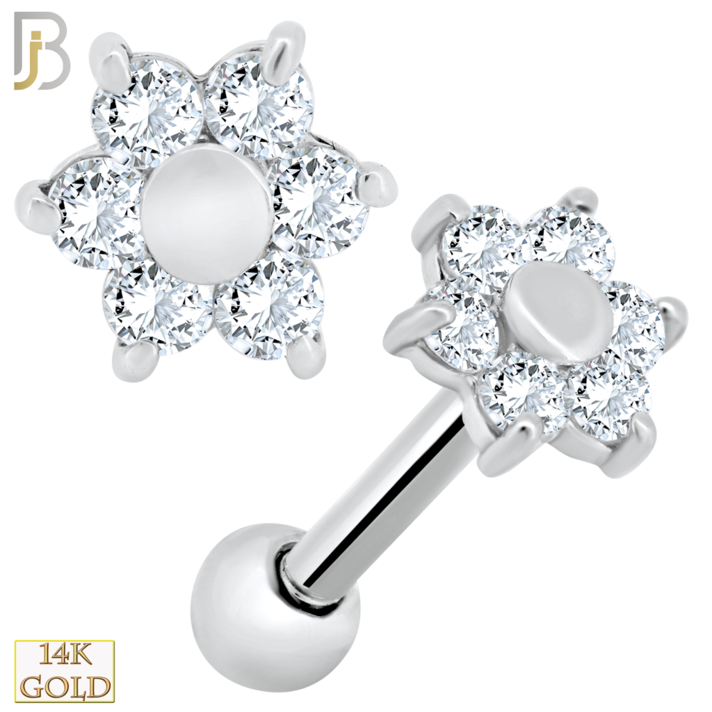 14k Gold Flower with CZ Tragus Cartilage Barbell