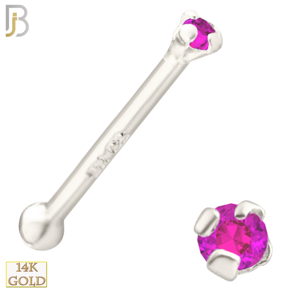 20g 14k White Gold Nose Bone with Pink Colored CZ - 1.5mm