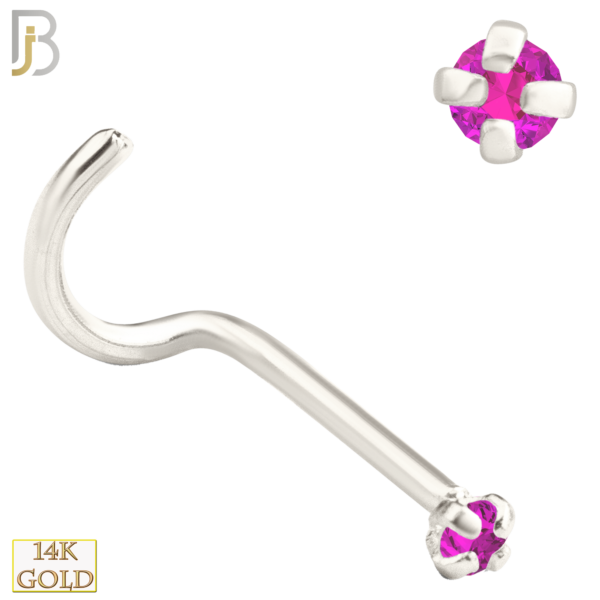 20g 14k White Gold Nose Screw with Pink Colored CZ - 1.5mm