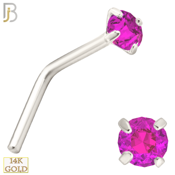 20g 14k White Gold L-Shaped with Pink Colored CZ - 1.5mm
