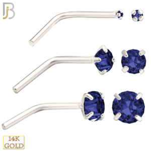 14-NR10CWS - 20g 14k White Gold L-Shaped with Blue Sapphire Colored CZ - 1.5mm