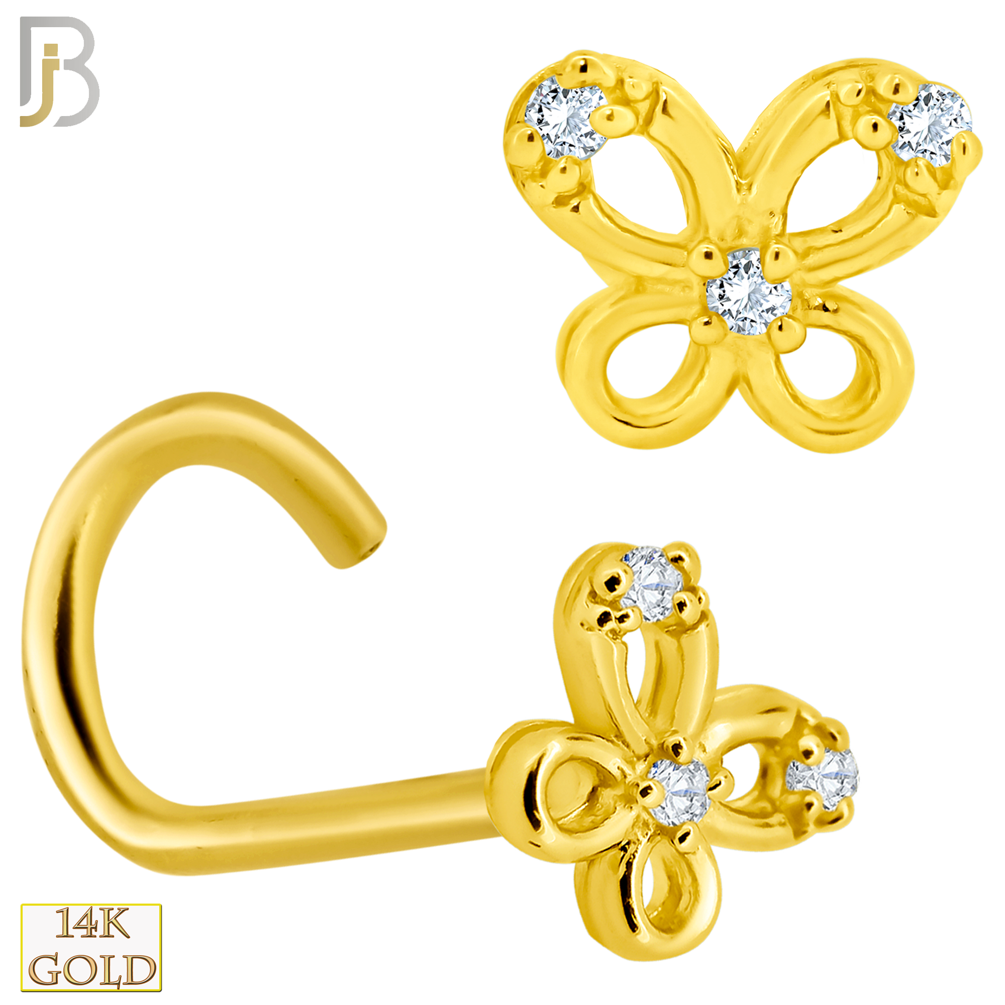 14K Real Gold L-Shape Nose Stud With CZ Diamond – Hypoallergenic, 3MM Stone, Gift For Women